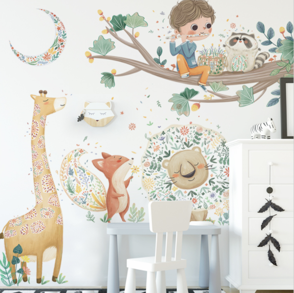 Decal trang trí tường - Cậu bé ngồi trên cành cây thổi sáo