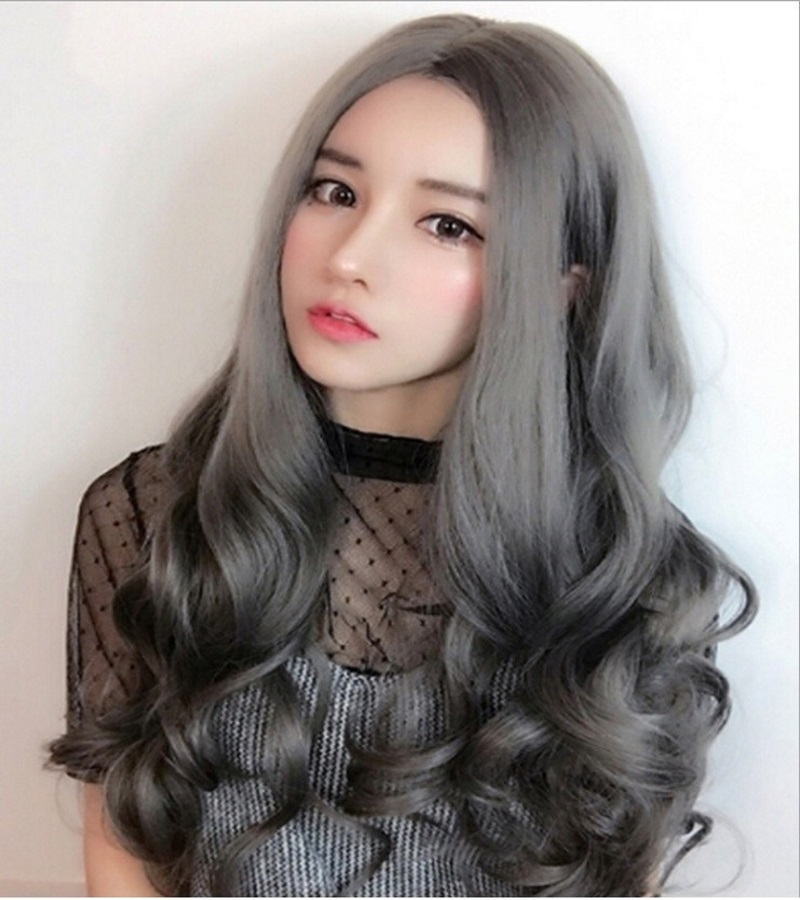 Tóc giả nữ 2 mái xoăn xám khới - TG95