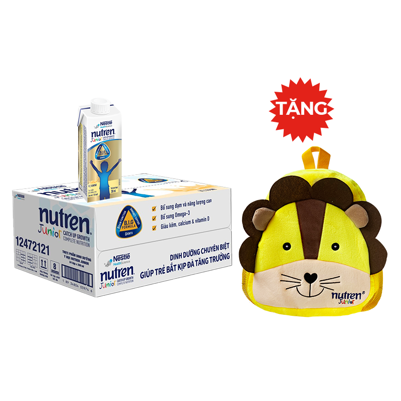 Thùng 24 Hộp Pha Sẵn Nutren Junior 200Mlhộp Cho Trẻ Từ 1 - 10 Tuổi Tăng Trưởng 3 Chuẩn Thế Chất, Đề Kháng, Tư Duy - Tặng Balo Con Hổ