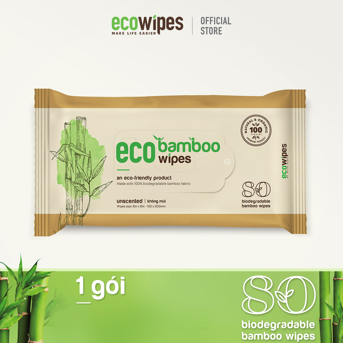 Khăn giấy ướt cao cấp EcoWipes gói 80 tờ vải sợi tre sinh thái Bamboo không mùi có thể phân hủy