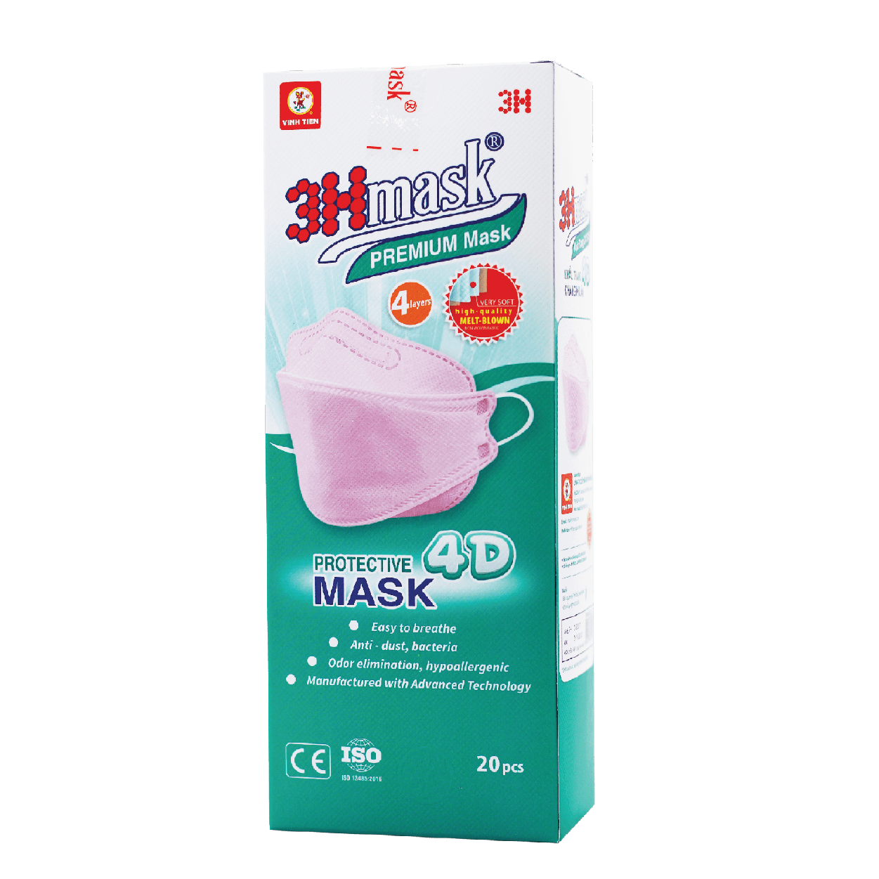 Khẩu Trang 3Hmask 4D Quai Tròn Hồng (20 cái) - Kháng Khuẩn Cao Cấp ôm khít mặt, không lem son