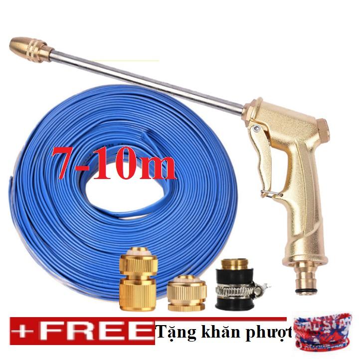 Bộ dây vòi xịt nước rửa xe, tưới cây đa năng, tăng áp 3 lần, loại 7m, 10m 206701-3 đầu đồng, cút đồng, + tặng khăn phượt