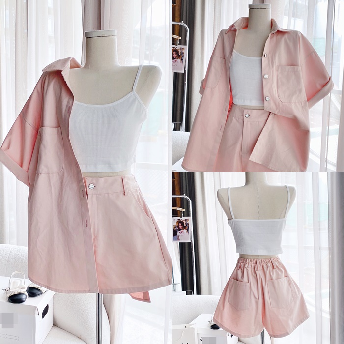 SET ÁO SƠ MI RỘNG HỒNG PHẤN PASTEL + QUẦN NGẮN GIẢ VÁY CHỮ A ỐNG RỘNG LƯNG CAO SUÔNG SHORTS + ÁO 2 DÂY DẠO PHỐ ĐI CHƠI ĐI BIỂN CÔNG SỞ ĐI LÀM