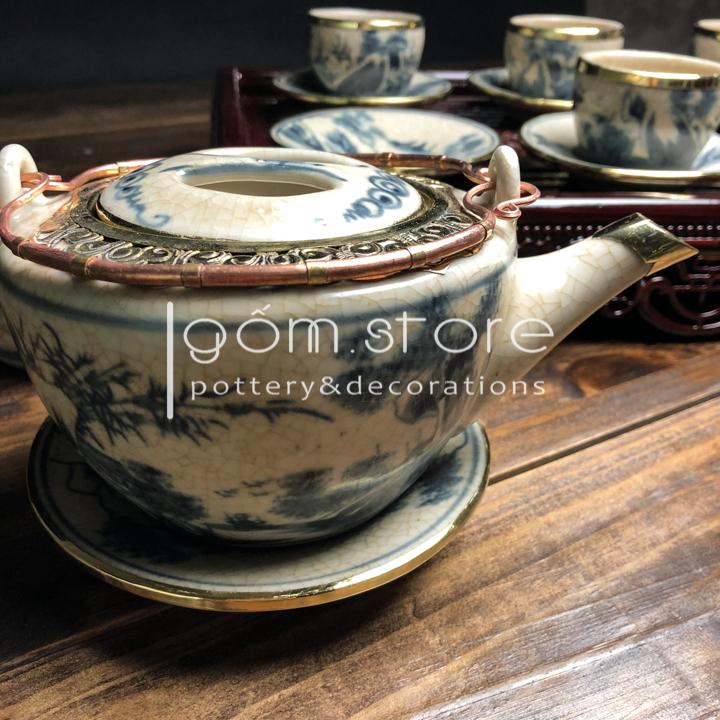 Ấm lẻ men rạn giả cổ bọc đồng gốm sứ