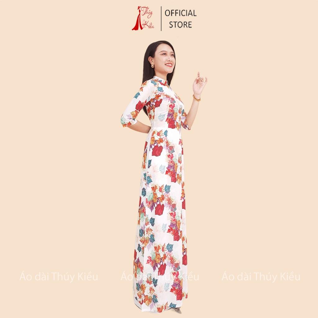 Áo dài nữ may sẵn thiết kế đẹp cách tân tết nền trắng lá nho K142 Thúy Kiều mềm mại, co giãn, áo dài giá rẻ