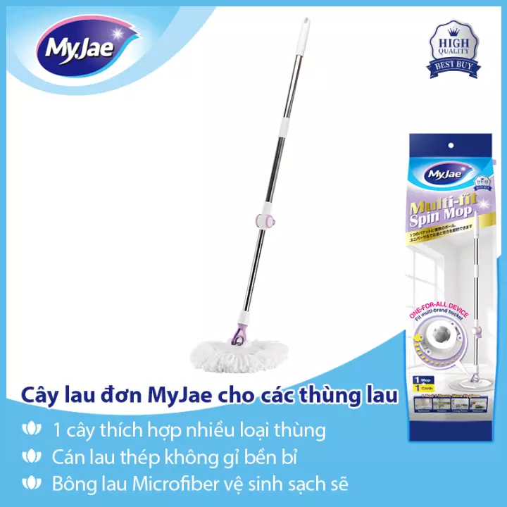 Combo 3 Bông Lau + 1 Cây Lau Nhà Đơn MyJae Sợi Microfiber Xoay 360 Độ Phù Hợp Cho Nhiều Loại Thùng Lau 134cm