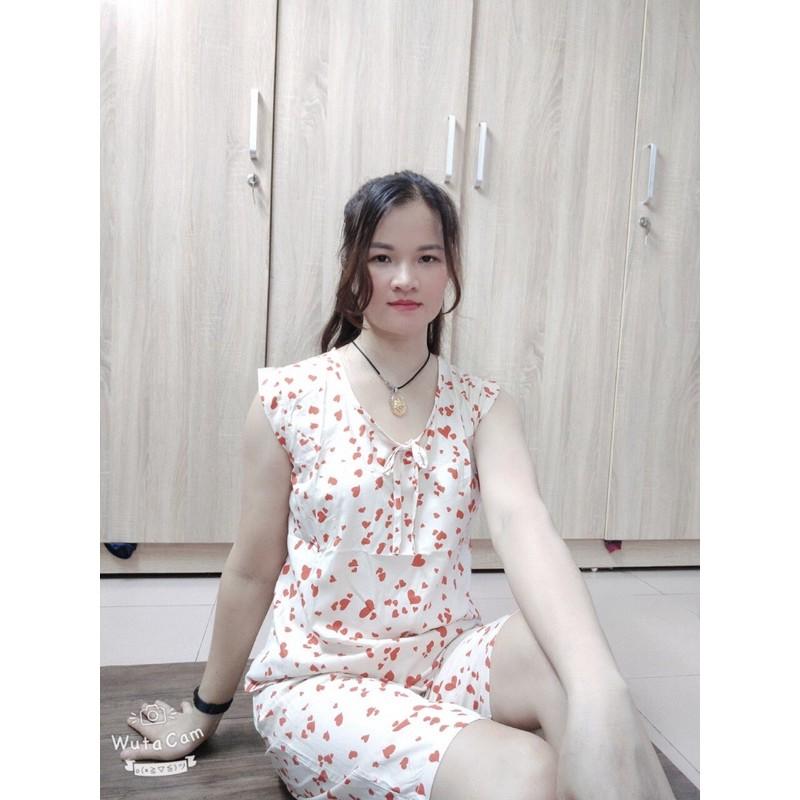 Bộ lanh nữ mặc nhà áo tay hến quần ngố cổ buộc dây nơ Bộ tone nữ