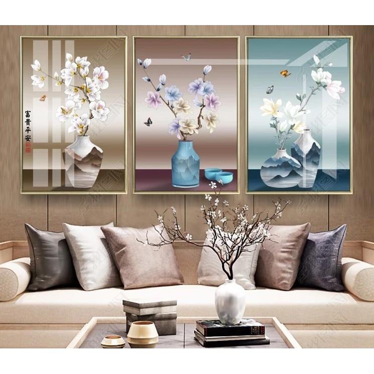 Bộ 3 tranh Canvas Giá Xưởng - Tranh Treo Tường Bình Hoa 3D Kèm Khung - Tặng kèm đinh đa năng không cần khoan tường