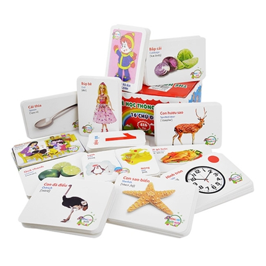 Hộp Combo Flash Card - Thẻ học thông minh song ngữ Anh Việt 16 chủ đề (416 thẻ) + Tặng kèm 1 Hộp Bút sáp màu