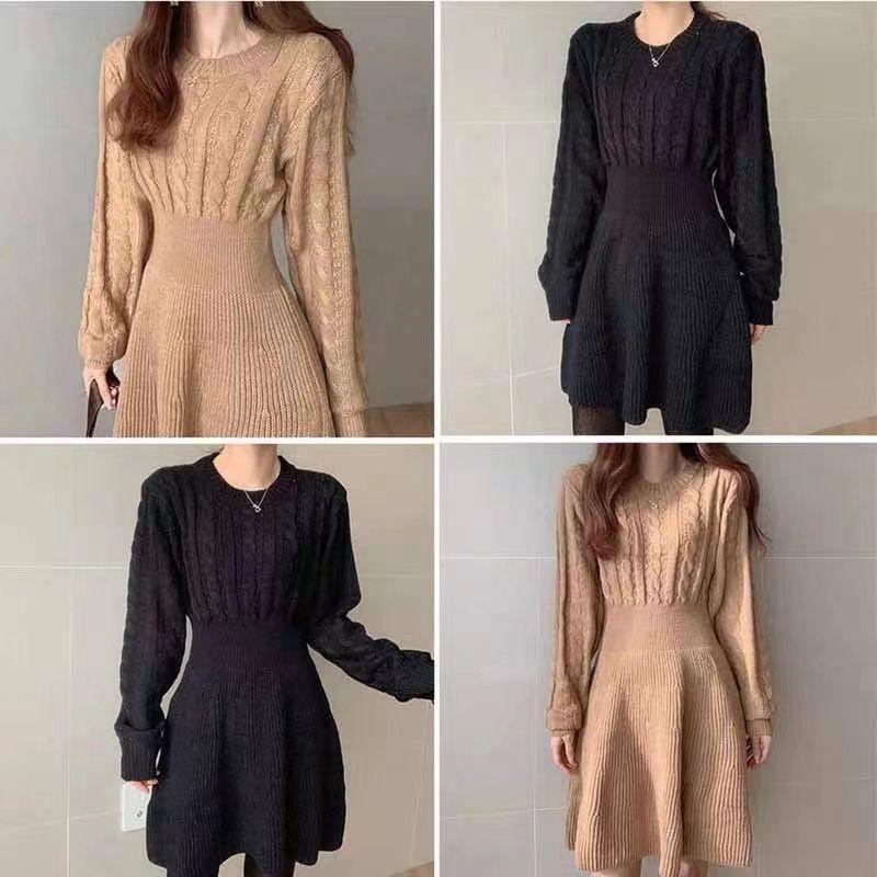 Đầm Sweater Dệt Kim Tay Dài Cổ Tròn Màu Trơn Phong Cách Thời Trang Thu Đông Kiểu Mới