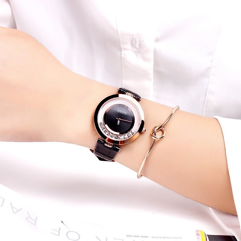 Đồng hồ nữ Guou 8039 chính hãng dây da đá chạy viền chống nước