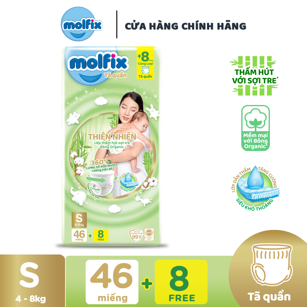 Tã/bỉm quần Molfix Thiên nhiên Jumbo S (4kg - 8kg) - Gói 44+6 miếng