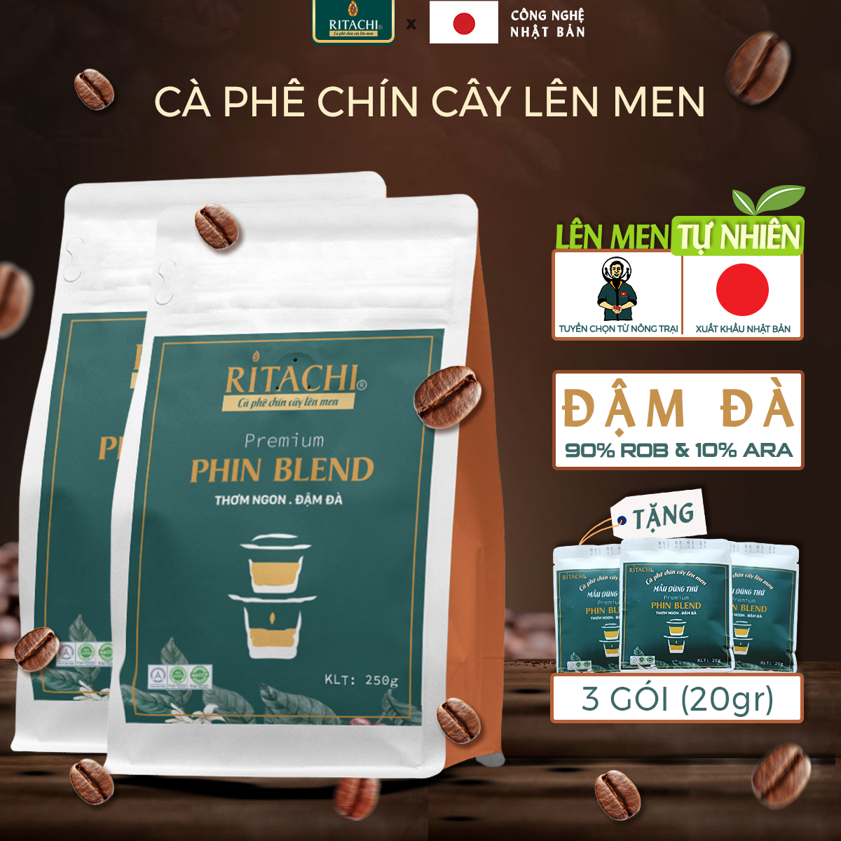 Cà Phê Nguyên Chất Lên Men Tự Nhiên Ritachi, Cà Phê Phin Blend vị Đậm Đà, 100% Rang Mộc, Pha Máy, Pha Phin 500gr