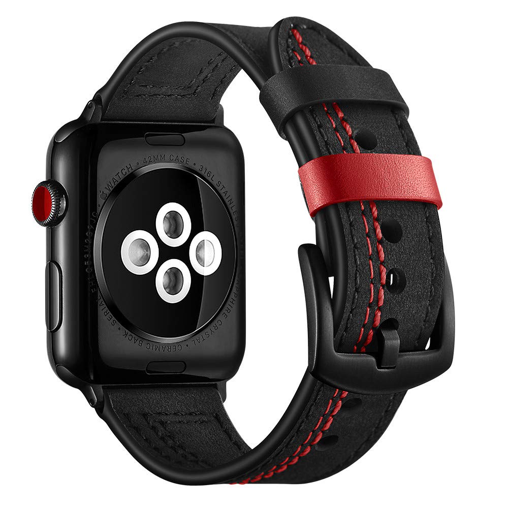 Dây đồng hồ, dây da 07 viền chỉ khóa thép không gỉ cho Apple Watch