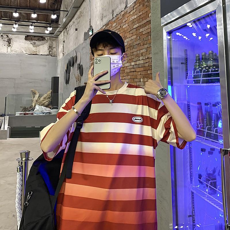 Áo Thun Nam Tay Ngắn Dáng Rộng Họa Tiết Sọc Ngang Thời Trang