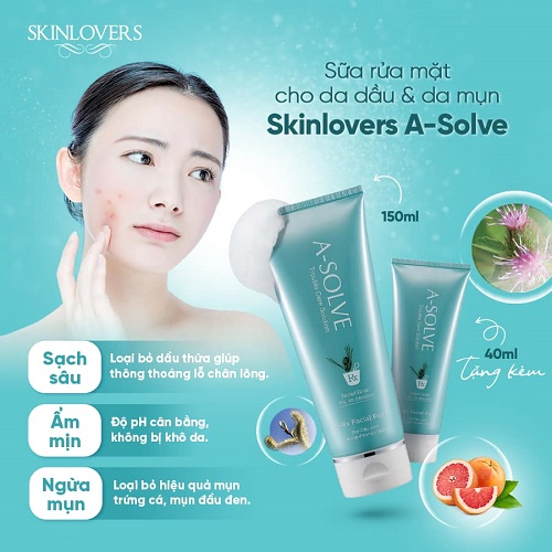 [Tặng nước tẩy trang 100ml] Sữa rửa mặt dành cho da dầu và da mụn Skinlovers ASolve 190ml