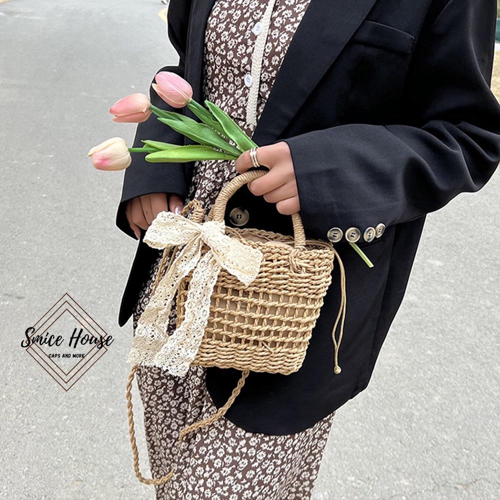 Túi cói đan mini đeo chéo siêu xinh đính nơ ren dùng đi biển chụp hình ngoại cảnh phong cách vintage- Smice House