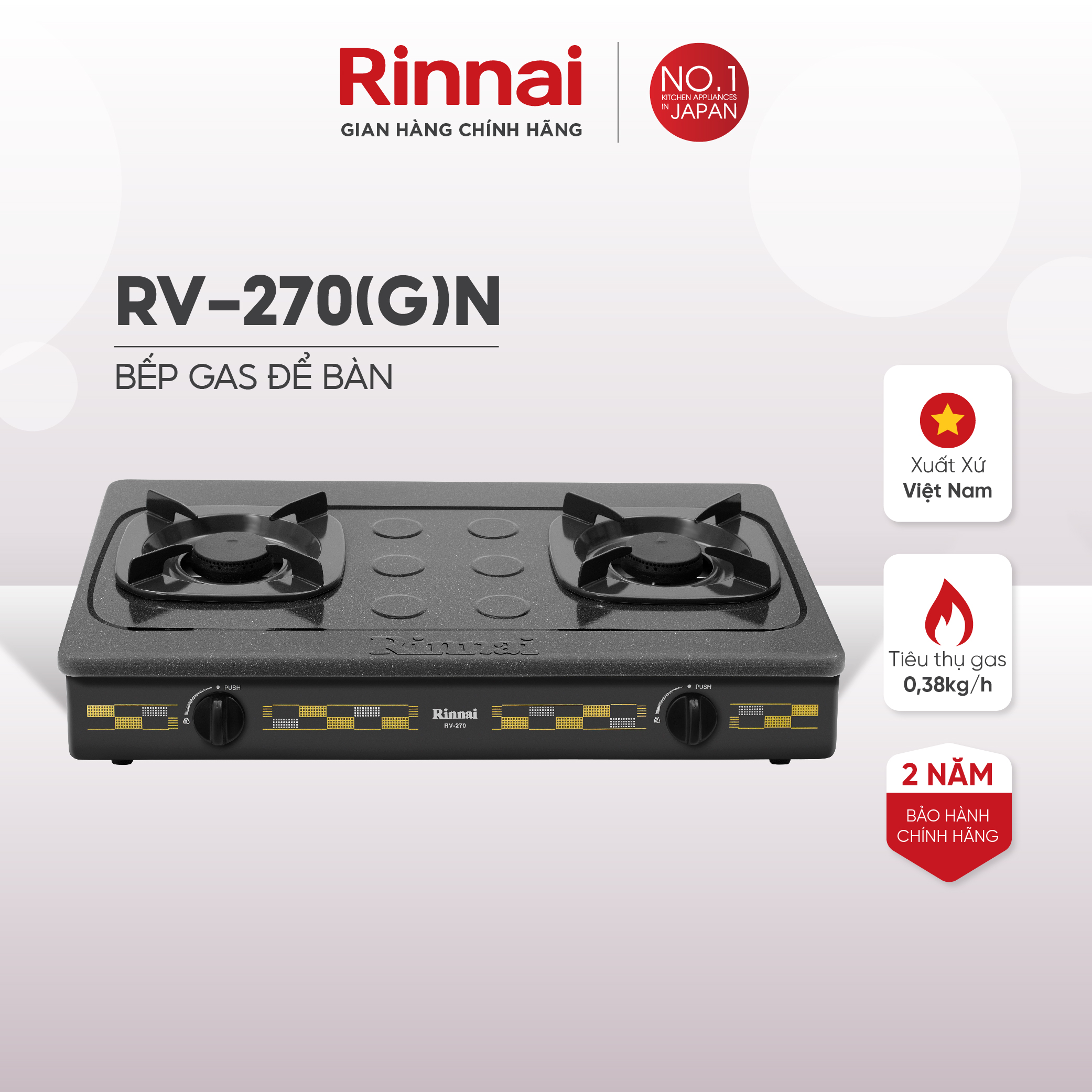 Bếp gas dương Rinnai RV-270(G)N mặt bếp kính Schott và kiềng bếp men - Hàng chính hãng