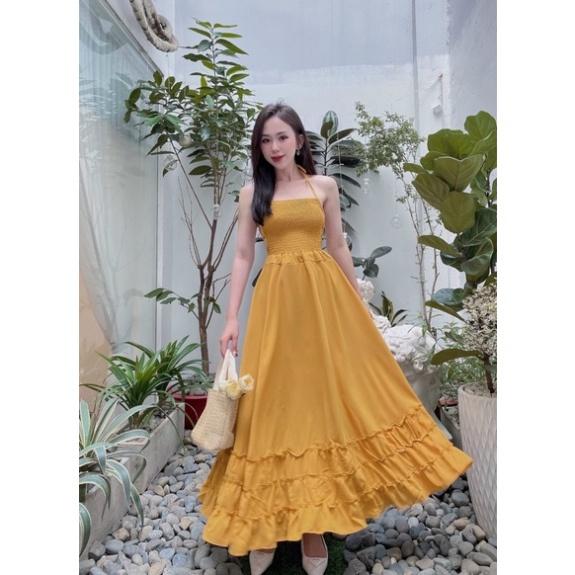 Đầm váy Maxi Bèo Hở Lưng chất đũi vàng xanh xoè dài đi biển dự tiệc dạo phố bigsize gợi cảm sexy