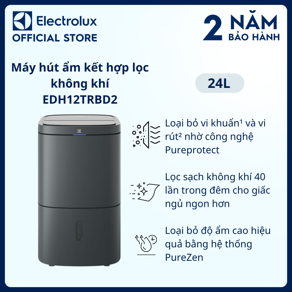 Máy hút ẩm Electrolux kết hợp lọc không khí UltimateHome 500 24L EDH12TRBD2 cho phòng 50m², Lọc sạch không khí 40 lần