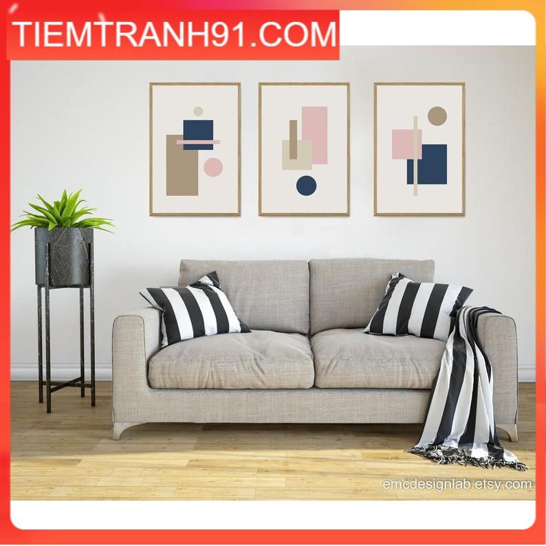 Tranh treo tường | Bộ 3 tranh Modern Geometric Print Set, Navy Pink Beige Wall Art, Original Office Décor