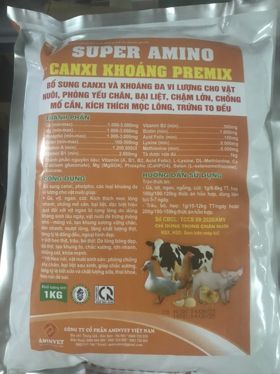 Thuốc thú y, Super amino canxi khoáng premix (1kg-Amivet) dùng cho chó, mèo, gia súc, gia cầm