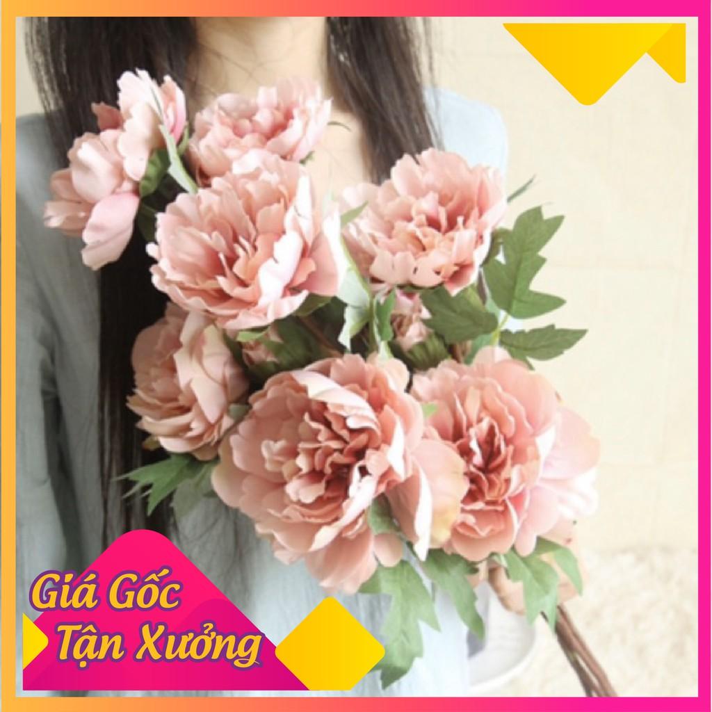 Cành hoa mẫu đơn lụa 3 bông xinh xắn decor chụp ảnh