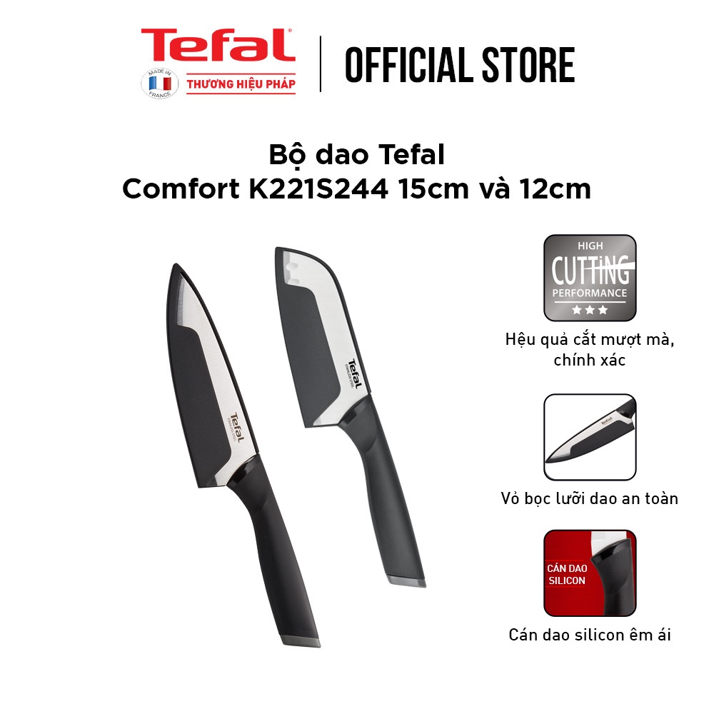 Bộ dao Tefal Comfort  K221S244 15cm và 12cm - Cầm nắm thoải mái - Vỏ bảo vệ an toàn - Hàng chính hãng