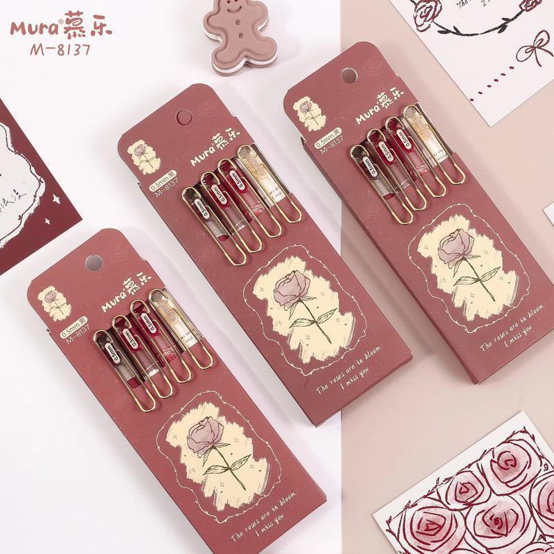 Set 4 bút mực gel đen Mura ngòi 0.5mm siêu xịn với vỏ ngoài siêu xinh xắn kèm túi zip (tặng stickers x note)