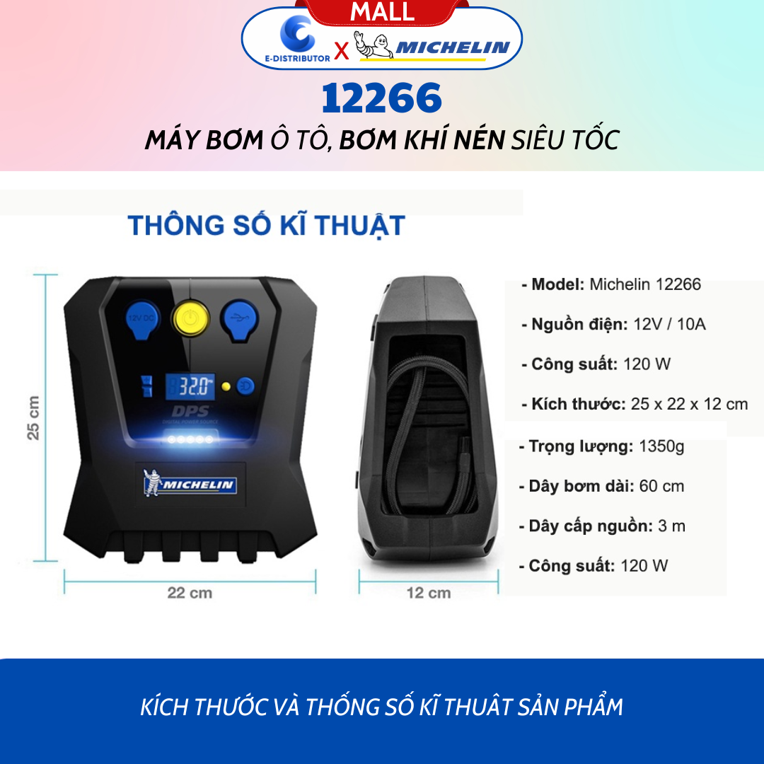 Máy Bơm Ô Tô, Xe Hơi Đa Năng Michelin 12266 (150w) - Hàng Chính Hãng - Bảo Hành 6 Tháng