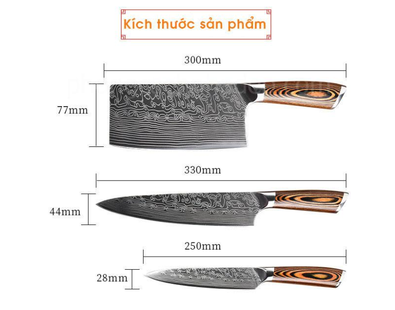 Bộ 3 Dao Nhà Bếp Nhật Khắc Vân Damascus Cao Cấp