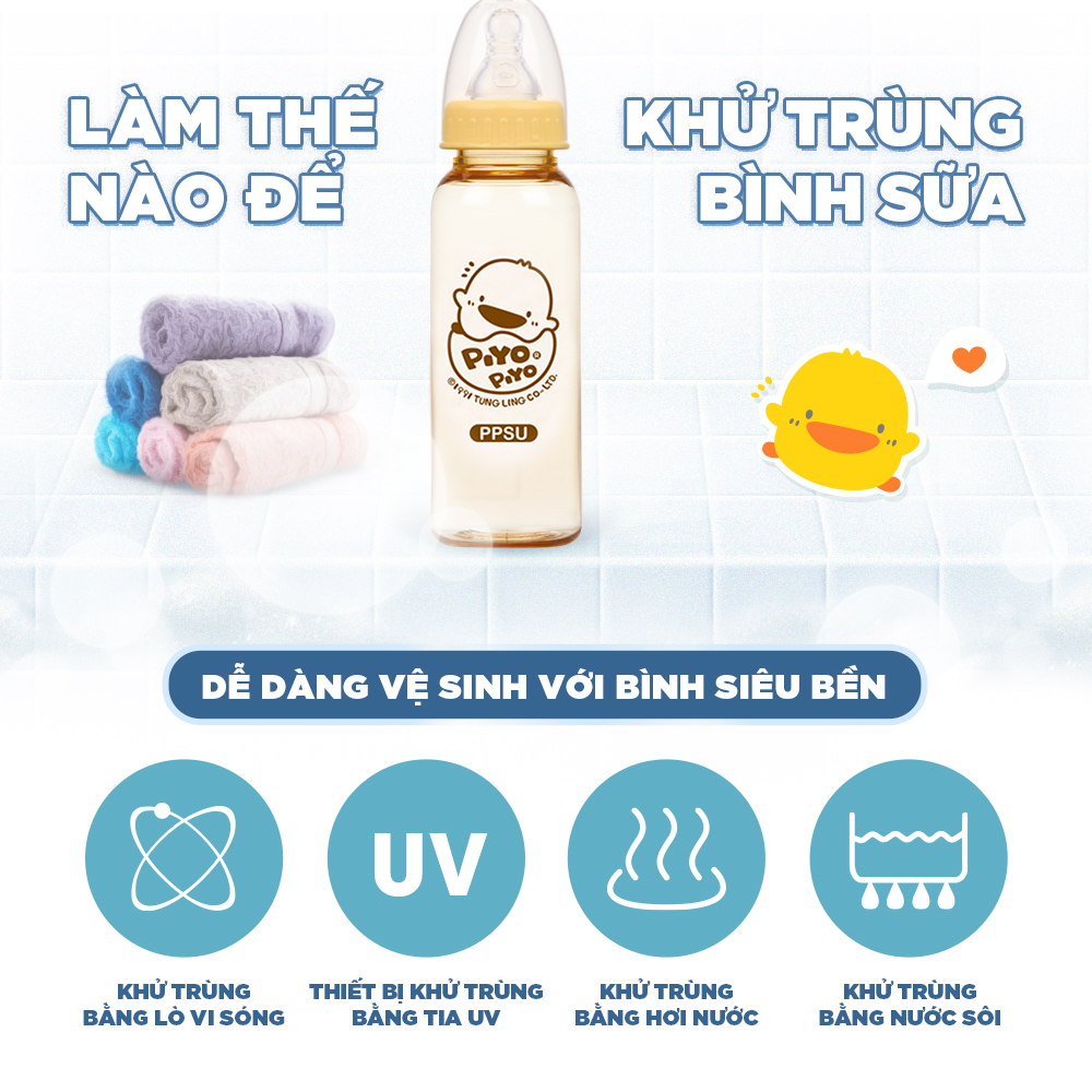 Bình sữa cổ tiêu chuẩn Piyo Piyo 240ml nhựa PPSU chịu nhiệt tới 180 độ, núm ty chống đầy hơi