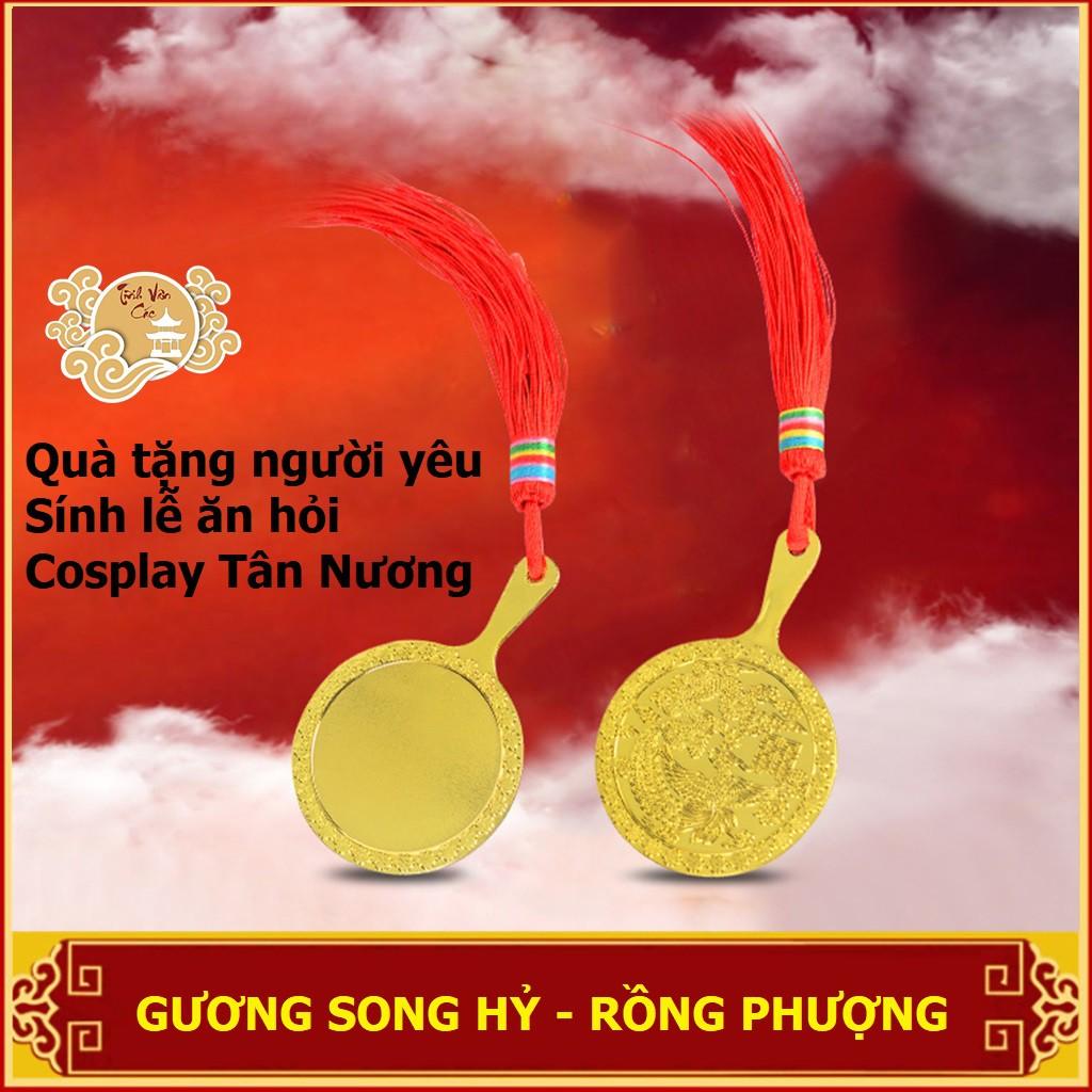 Gương cầm tay phong cách cổ trang, quà tặng tân nương, Song Hỷ Rồng Phượng - Shop TĨNH VÂN CÁC