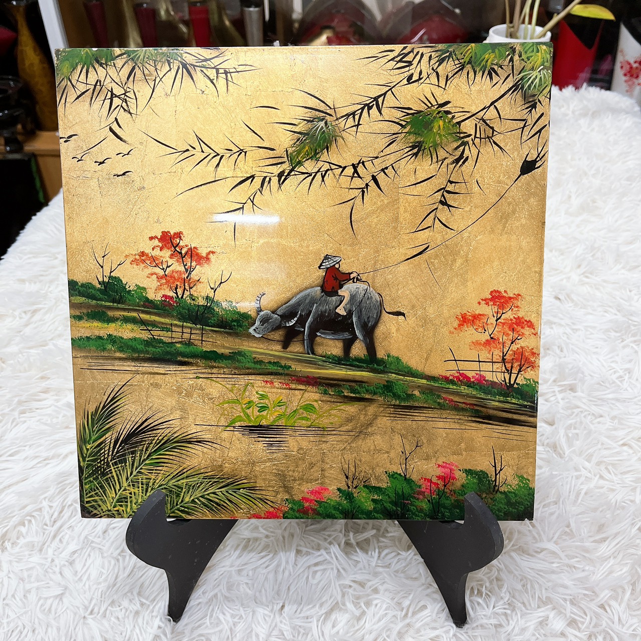 Tranh sơn mài đồng quê vẽ vàng, hàng xuất khẩu 30x30 cm