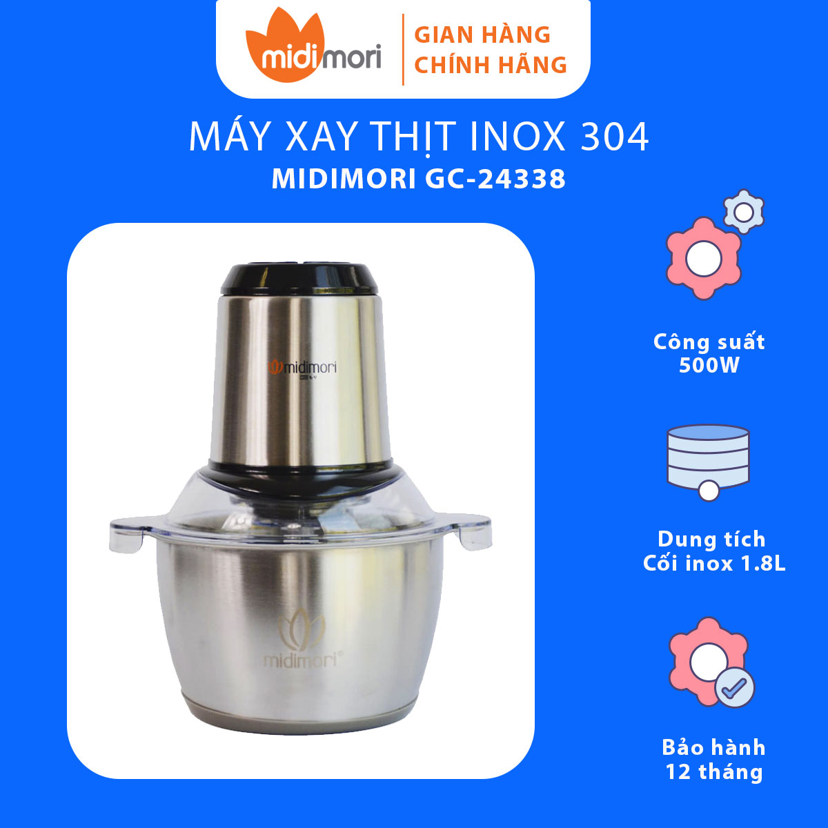 Máy Xay Thịt Đa Năng Thân Inox Chopper Midimori GC-24338 - Đen - Hàng chính hãng