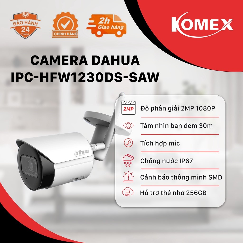 Camera wifi ngoài trời Dahua DH-IPC-HFW1230DS-SAW 2MP 1080P, tích hợp mic, hồng ngoại 30m - Hàng Chính Hãng
