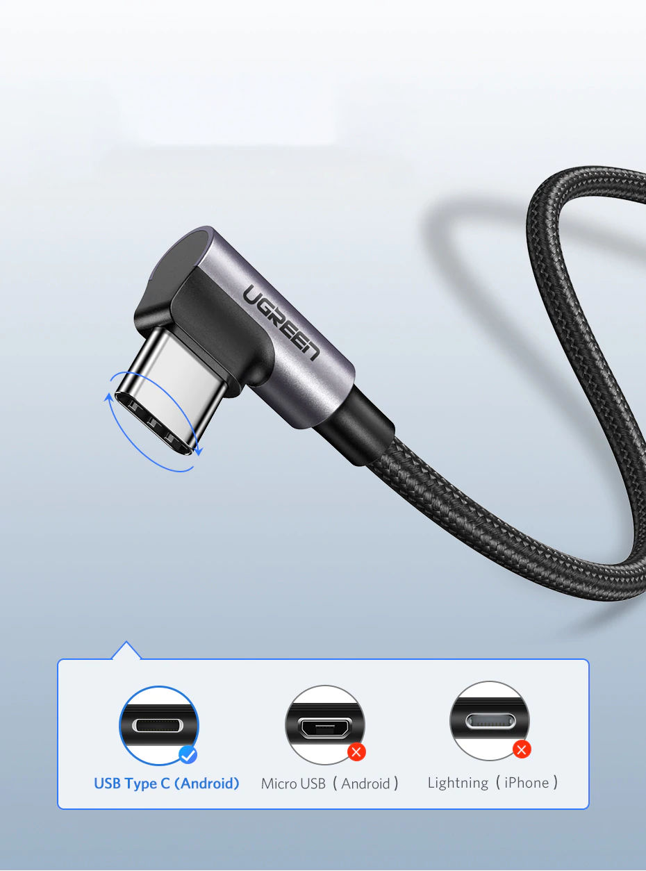Cáp sạc USB 2.0 sang USB type C đầu vuông góc 90 độ UGREEN US284 50941 - Hàng Chính Hãng