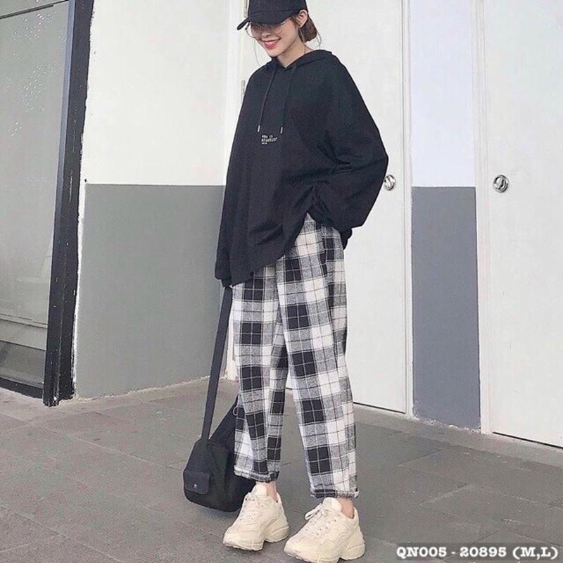 Quần baggy nữ nam unisex tây vải kaki SỌC CARO ống suông đen công sở đi học lưng cao ulzzang hàn quốc dây rút đẹp