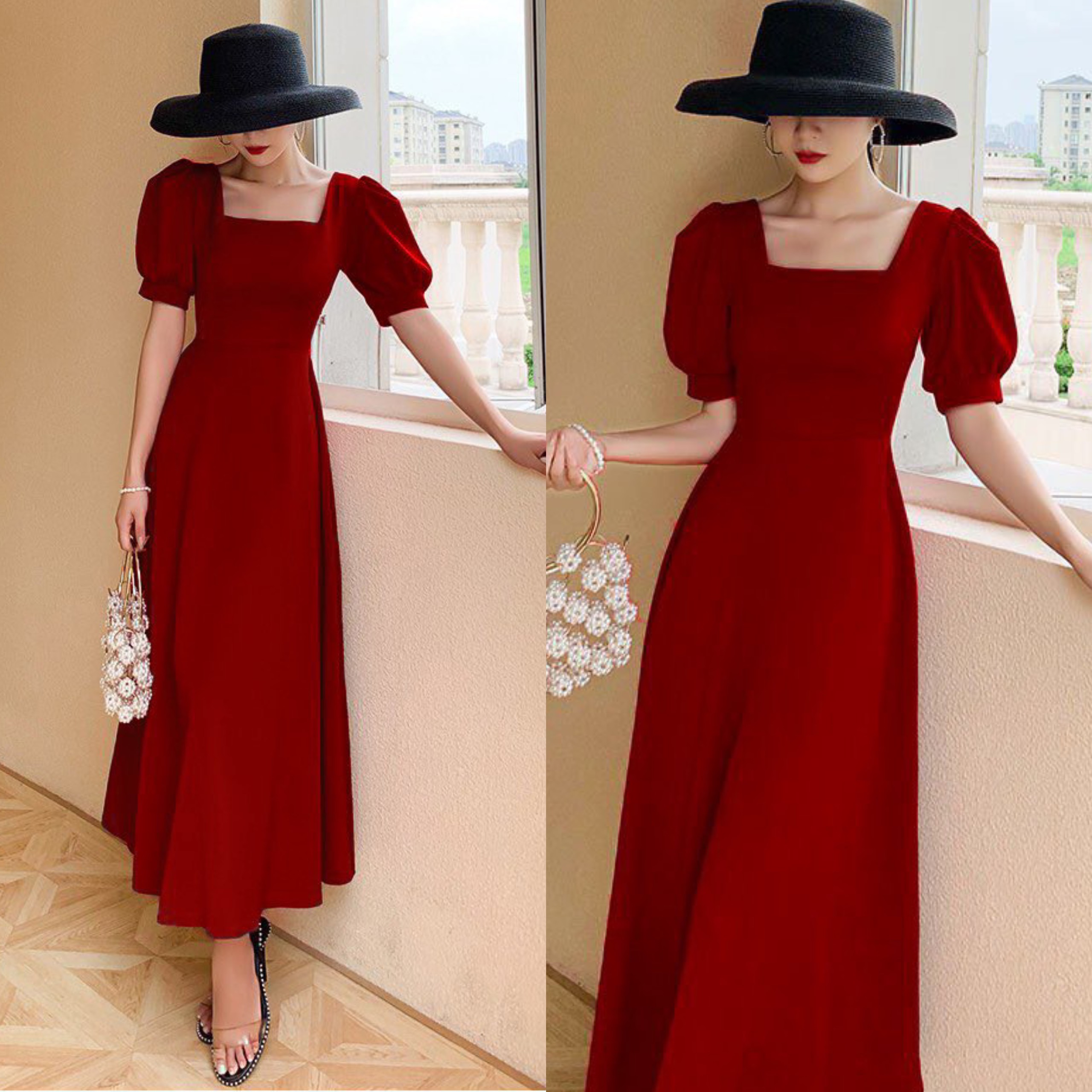 Đầm Maxi Dự Tiệc Tay Phồng Có 3 Màu Xanh, Đỏ, Đen Đủ Size M-L-XL-XXL (có ảnh+video