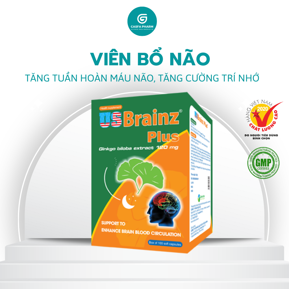 Bổ não - US Brain Plus tăng cường tuần hoàn máu não, giảm đau đầu chóng mặt, rối loạn tiền đình, hỗ trợ mất ngủ, hộp 60v