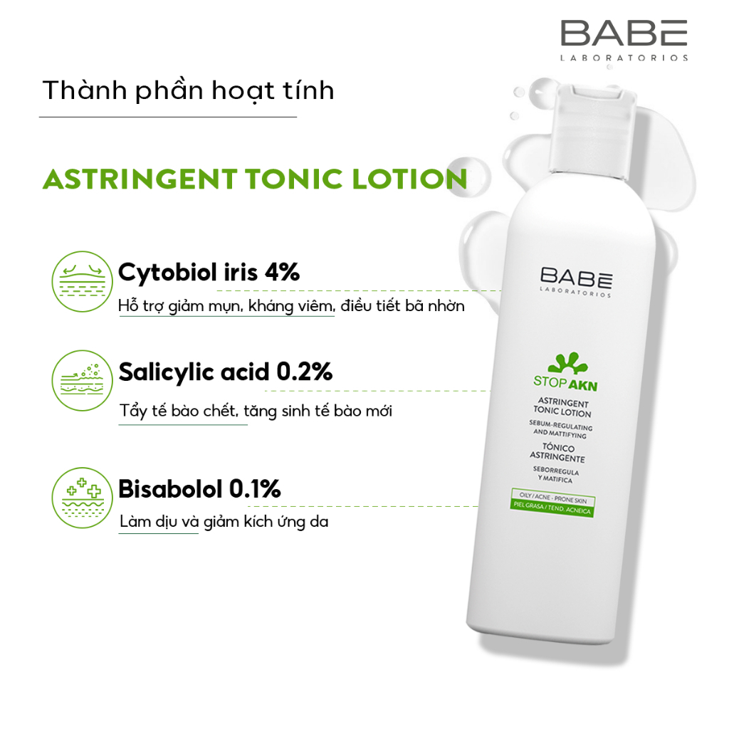 Toner cân bằng dầu nhờn, hỗ trợ giảm mụn, se khít lỗ chân lông BABE Stop AKN Astringent Tonic Lotion 250ml