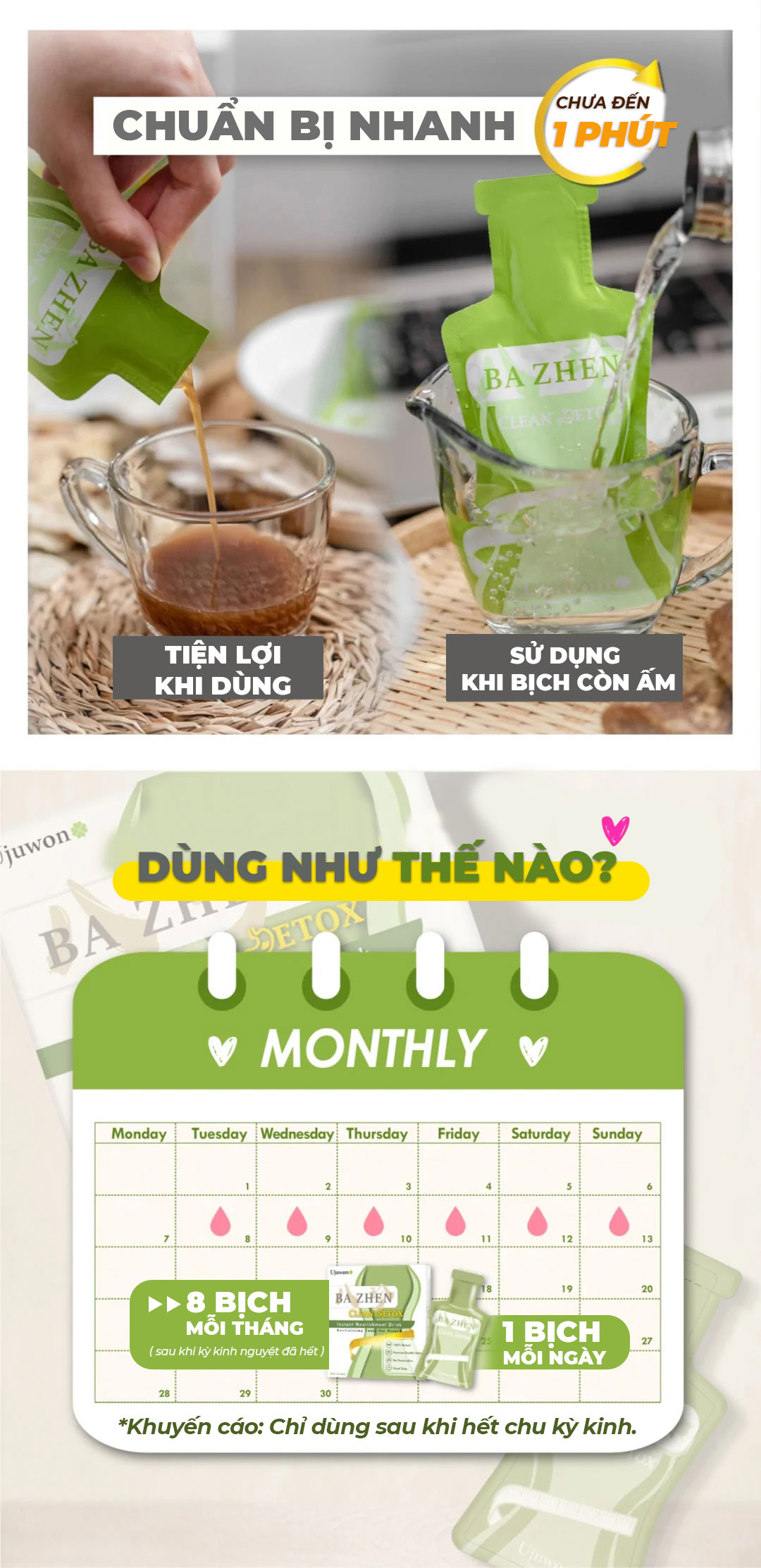 Combo 2 Hộp Nước Uống Thảo Mộc Đài Loan Hỗ Trợ Giảm Đau Bụng Mùa Dâu Rụng, Detox, Dáng Thon, Tăng Kích Cỡ Vòng 1 Ba Zhen Ujuwon