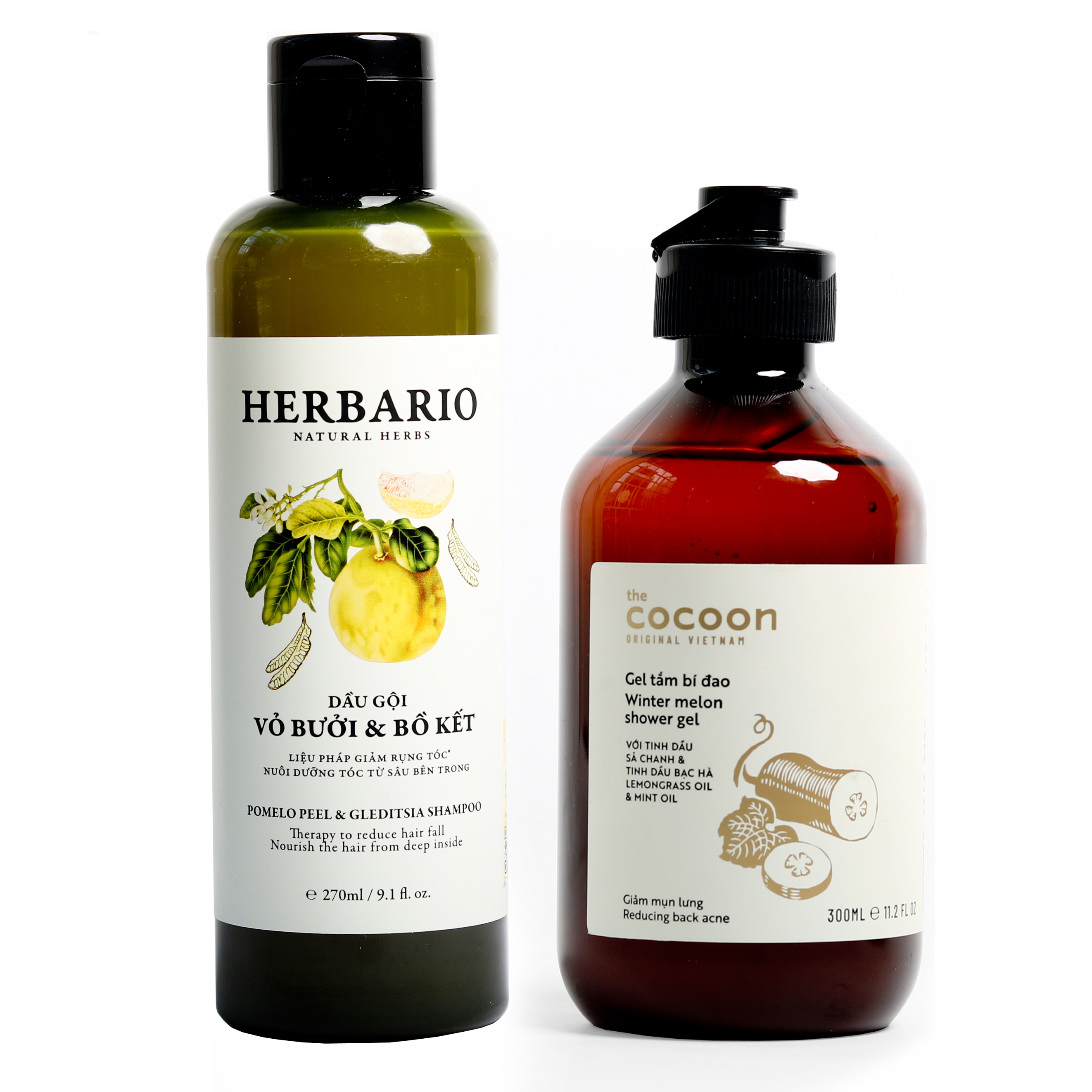 Bộ dầu gội bưởi bồ kết Herbario (270ml) +  gel tắm bí đao Cocoon (500ml)