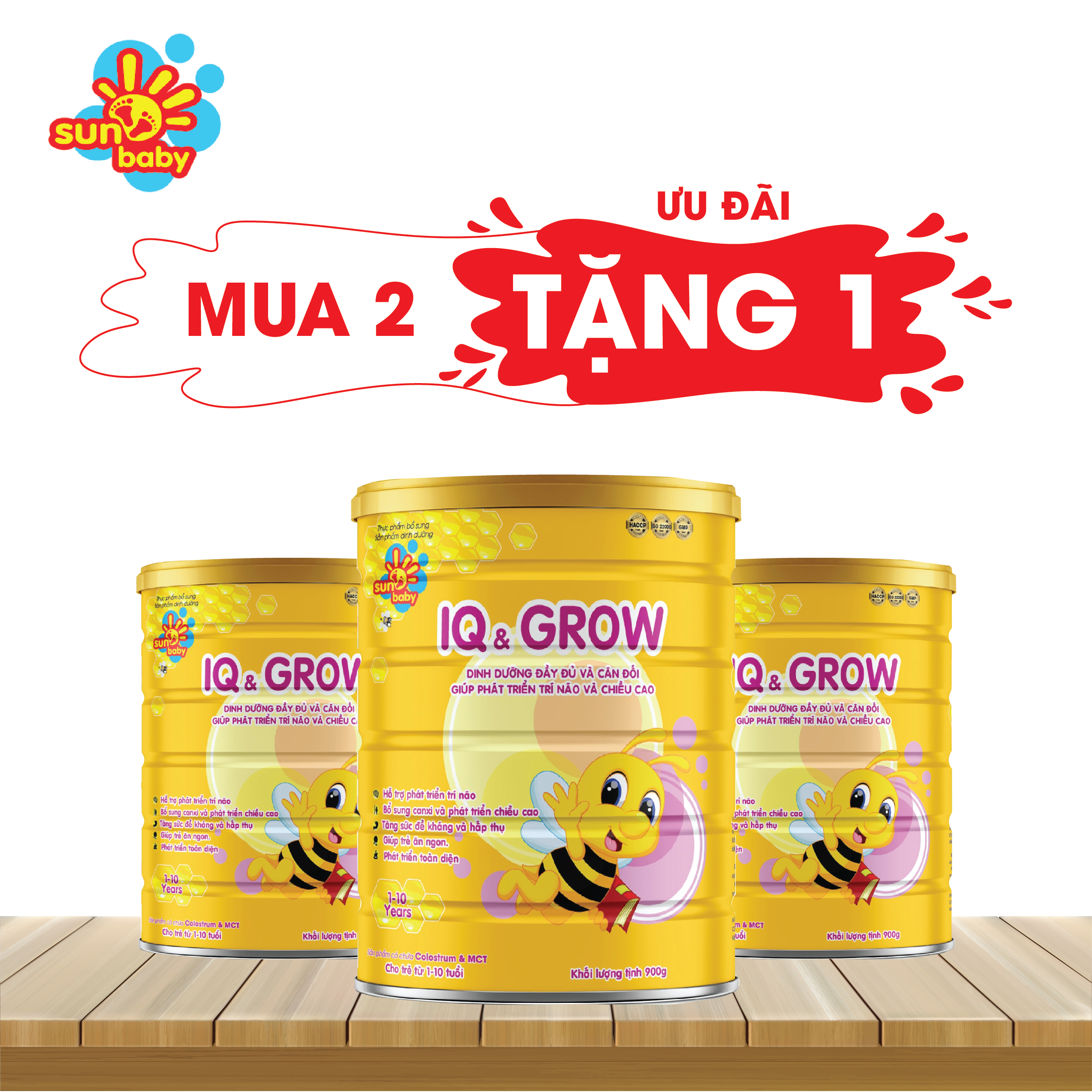 [MUA 2 TẶNG 1] Sữa bột dinh dưỡng IQ GROW phát triển chiều cao, trí não vượt trội cho trẻ (900g) Sunbaby