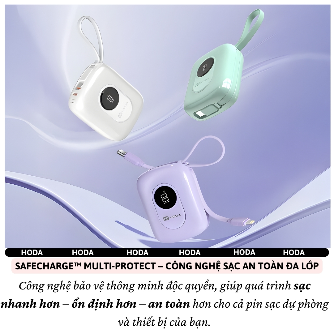 Pin sạc dự phòng sạc nhanh PD 22.5W 10.000mAh SafeCharge Multi-Protect Hoda Sạc 3 Thiết Bị, Tích Hợp Cáp Type-C &amp; L(iP) Sạc 3 Thiết Bị, 8 lớp bảo vệ an toàn – sạc mát, không hại pin - Hàng nhập khẩu