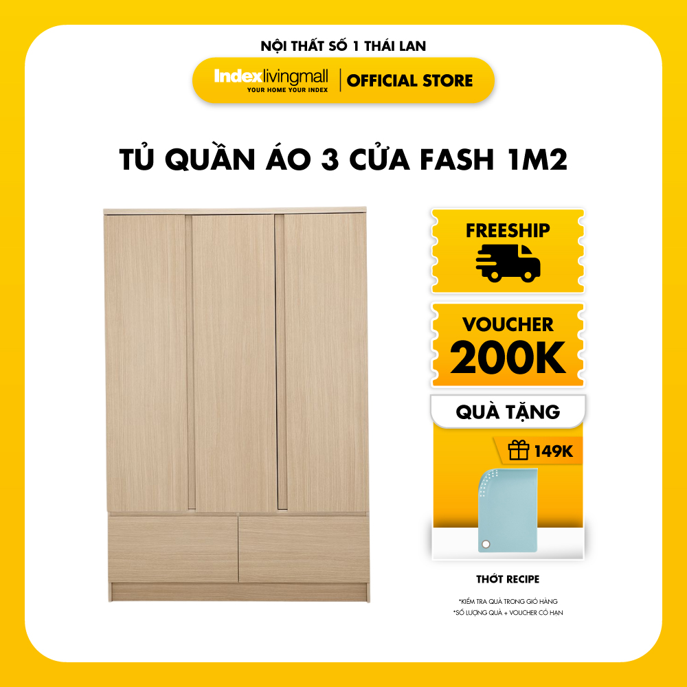 Tủ Quần Áo 3 Cửa Màu Gỗ Sồi Tự Nhiên FAST Kích Thước 120 x 180 cm | Index Living Mall | Nhập Khẩu Thái Lan