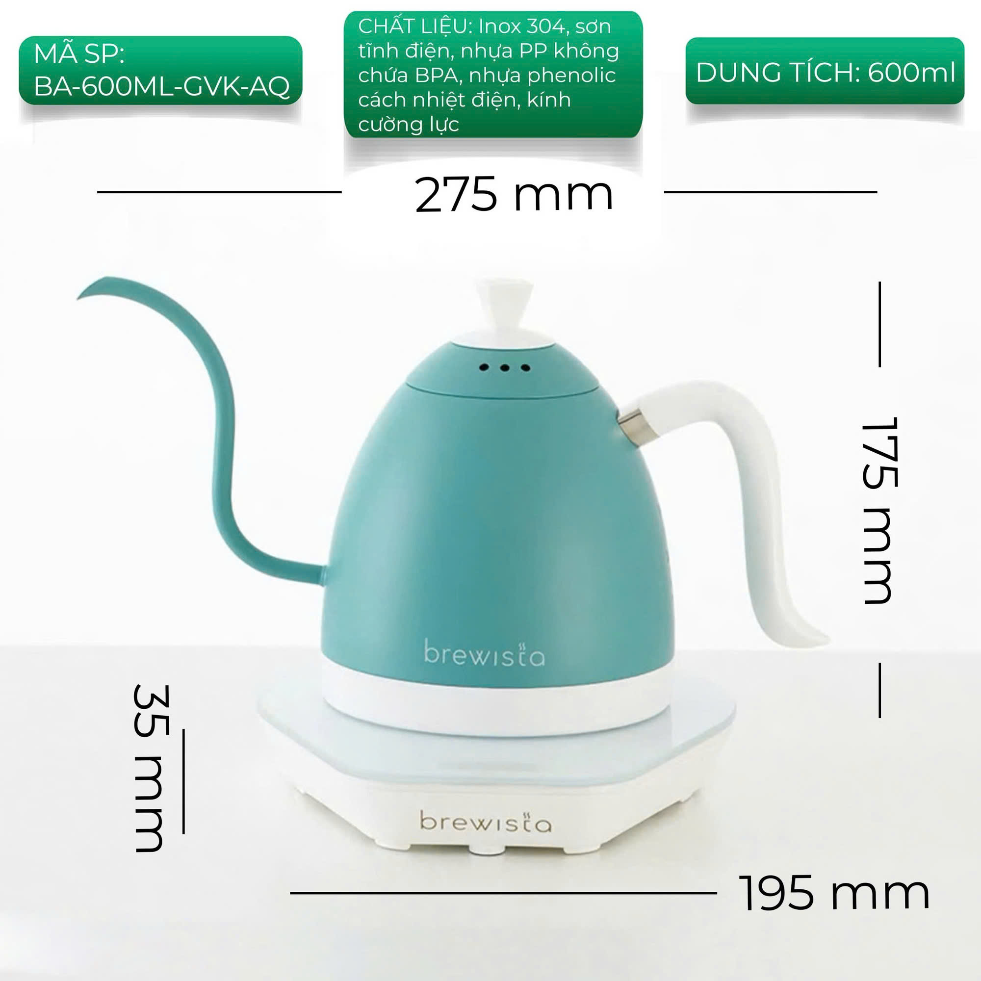 Hàng chính hãng ấm đun rót cà phê Brewista Artisan 600ml Gen 3 Pro 1500w  Aqua