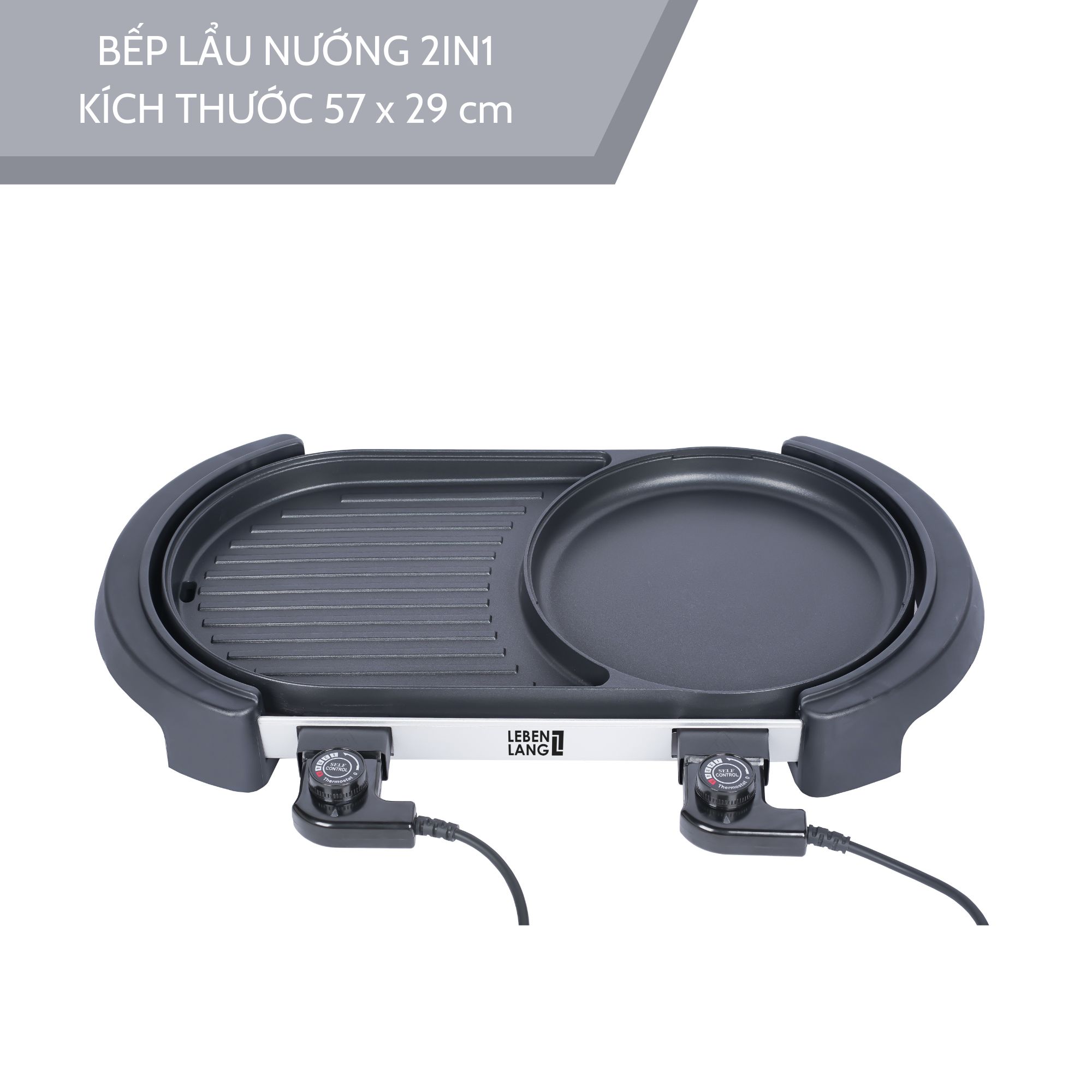 Nồi lẩu điện 2 ngăn Lebenlang LBTT0805, bếp lẩu nướng 2in1 lớn công suất 2000W, nhanh gọn tiện lợi - hàng chính hãng