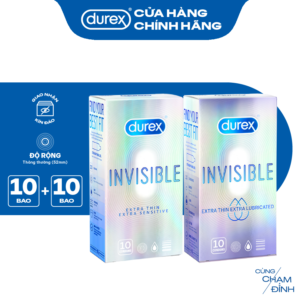 BỘ 1 HỘP BAO CAO SU siêu mỏng thêm bôi trơn DUREX INVISIBLE LUBRICATED và 1 HỘP DUREX INVISIBLE EXTRA THIN EXTRA SENSITIVE (52 mm, 10 bao/hộp)
