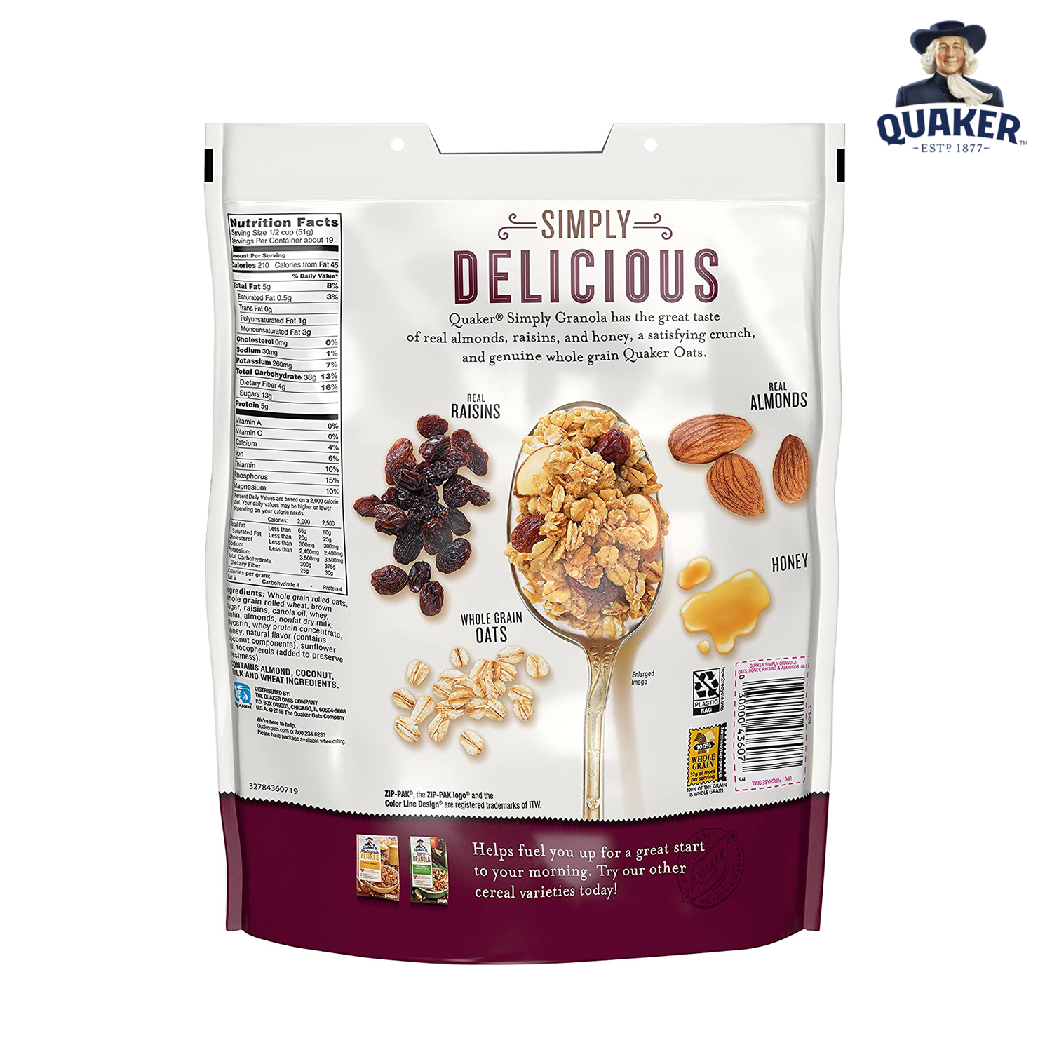 Yến mạch Simply Granola Quaker - Ngũ cốc yến mạch ăn liền mật ong hạnh nhân 